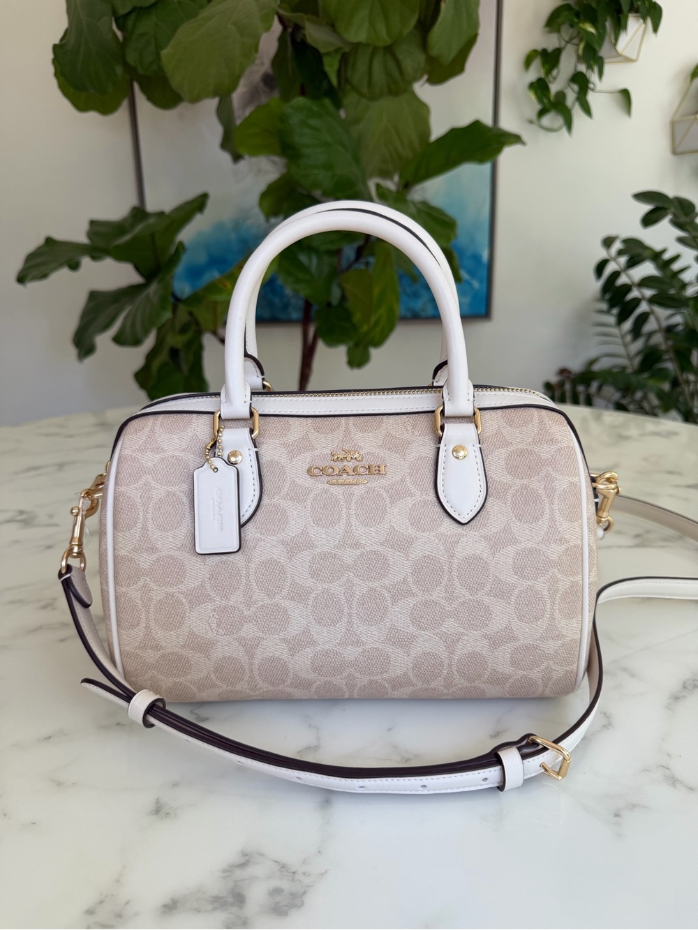 NWT COACH Rowan Satchel Bag in Signature Canvas Gold Sand Chalk CV961 Crossbody - Picture 2 of 13
